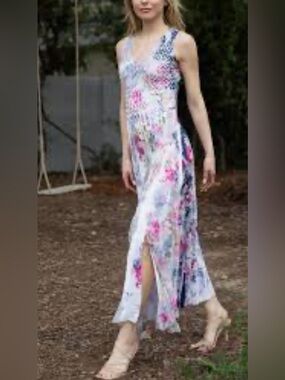 Komarov Pink and Blue Floral Maxi Dress with Side Slit